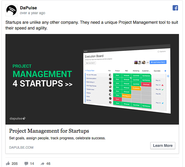 DaPulse Product Sales Facebook Ad from rapidstartup.io/ads